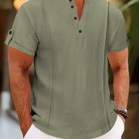 Casual Rolled Sleeve Henley Polo // Army-Green (XS)