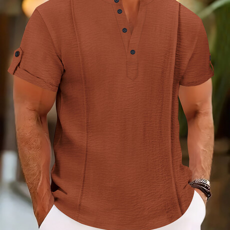 Casual Rolled Sleeve Henley Polo // Brown (XS)