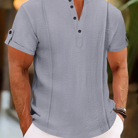 Casual Rolled Sleeve Henley Polo // Grey (XS)