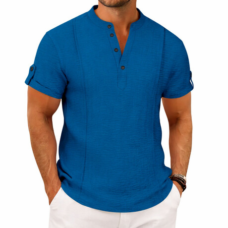 Casual Rolled Sleeve Henley Polo // Blue (XS)