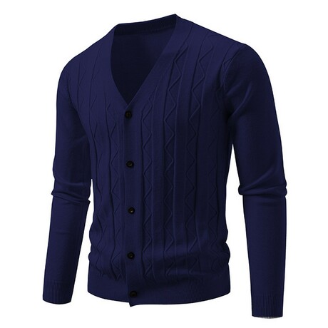 V-Neck Vertical Textured Cardigan // Navy Blue (XS)