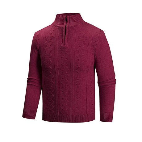 Quarter Zip-Up Cable-Knit Sweater // Wine Red (XS)