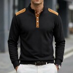 Half-Button Patchwork Long-Sleeve Henley Pullover // Black (XS)