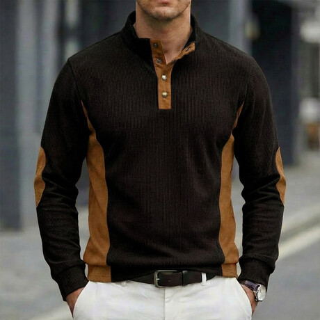 Quarter-Button Side Patchwork Long-Sleeve Henley Pullover // Black (XS)