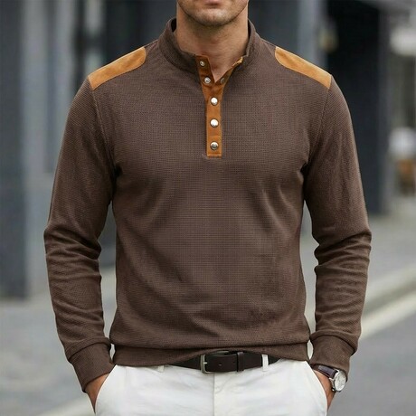 Half-Button Patchwork Long-Sleeve Henley Pullover // Brown (XS)