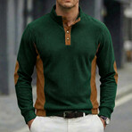 Quarter-Button Side Patchwork Long-Sleeve Henley Pullover // Dark Green (XS)