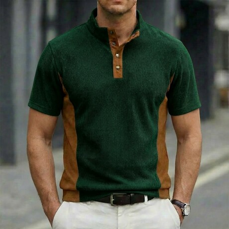 Quarter-Button Patchwork Short-Sleeve Polo // Dark Green (XS)