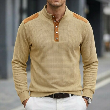 Half-Button Patchwork Long-Sleeve Henley Pullover // Khaki (XS)