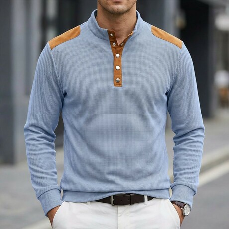Half-Button Patchwork Long-Sleeve Henley Pullover // Light Blue (XS)