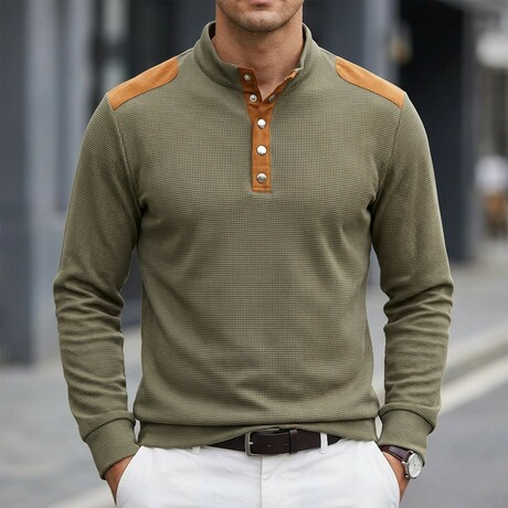 Half-Button Patchwork Long-Sleeve Henley Pullover // Army Green (XS)