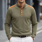 Half-Button Patchwork Long-Sleeve Henley Pullover // Army Green (S)