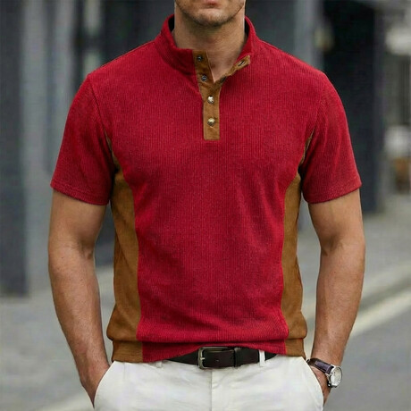 Quarter-Button Patchwork Short-Sleeve Polo // Red (XS)
