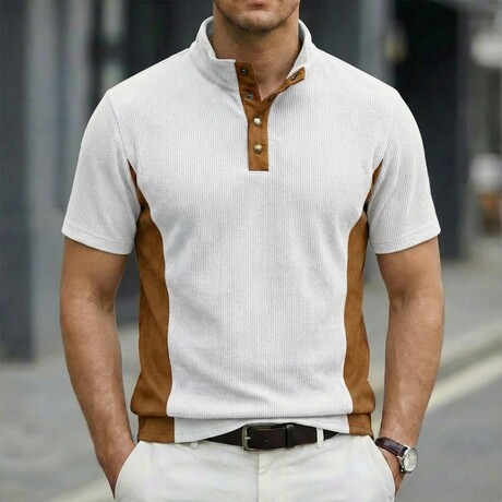 Quarter-Button Patchwork Short-Sleeve Polo // White (XS)