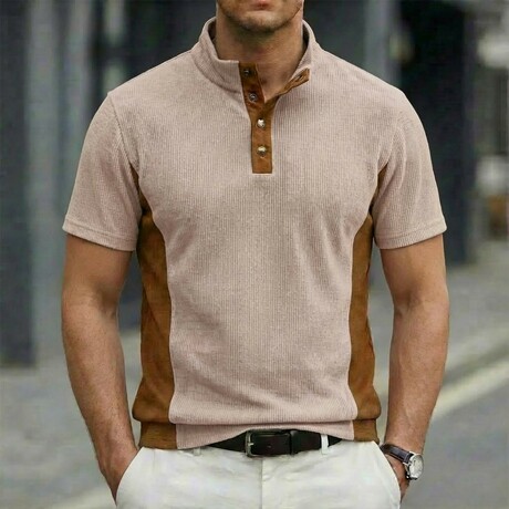 Quarter-Button Patchwork Short-Sleeve Polo // Khaki (XS)