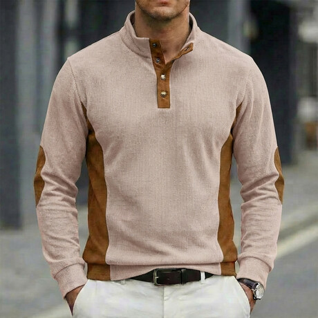 Quarter-Button Side Patchwork Long-Sleeve Henley Pullover // Apricot (XS)