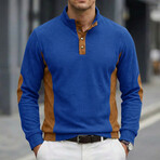 Quarter-Button Side Patchwork Long-Sleeve Henley Pullover // Blue (XS)