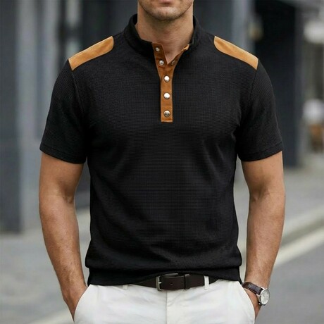 Half-Button Patchwork Short-Sleeve Polo // Black (XS)