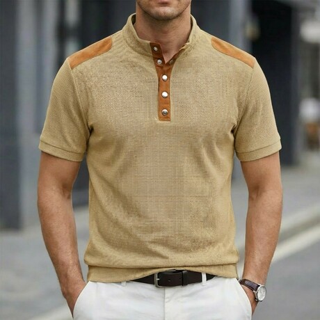 Half-Button Patchwork Short-Sleeve Polo // Khaki (XS)
