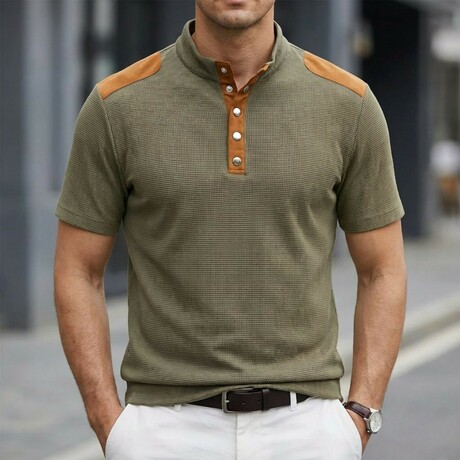 Half-Button Patchwork Short-Sleeve Polo // Army Green (XS)
