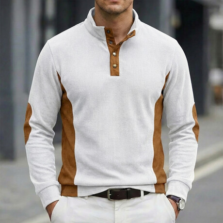 Quarter-Button Side Patchwork Long-Sleeve Henley Pullover // White (XS)