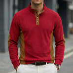 Quarter-Button Side Patchwork Long-Sleeve Henley Pullover // Red (XS)