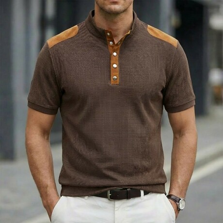 Half-Button Patchwork Short-Sleeve Polo // Dark Brown (XS)