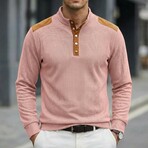 Half-Button Patchwork Long-Sleeve Henley Pullover // Pink (XS)
