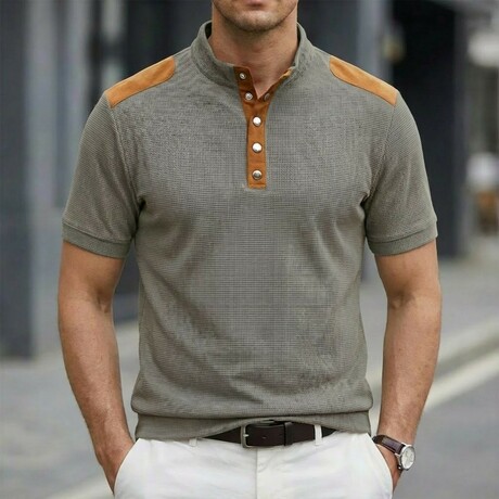 Half-Button Patchwork Short-Sleeve Polo // Grey (XS)