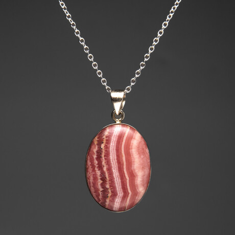 Sterling Silver Rhodochrosite Gemstone Pendant + 18" Sterling Necklace // Oval