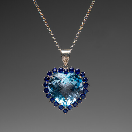 Blue Topaz & Sapphire Heart Pendant in Sterling Silver + 18" Sterling Chain