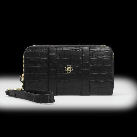 Croc-Embossed Leather Zippy Wallet // Black