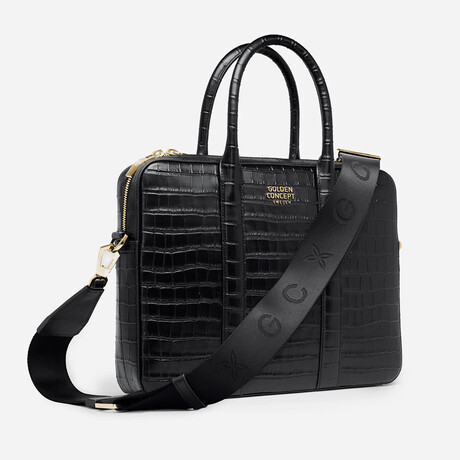 Croc-Embossed Leather Briefcase // Black