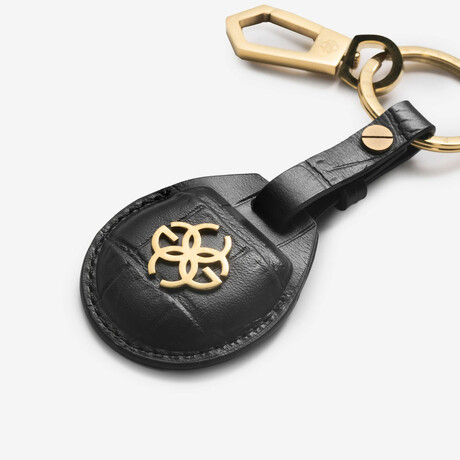 Croc-Embossed Leather Airtag Keychain // Black + Gold
