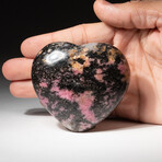 Genuine Polished Imperial Rhodonite Heart + Black Velvet Pouch // Medium