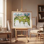 "Three White Cats" Framed Folk Art Painting Print By Maud Lewis